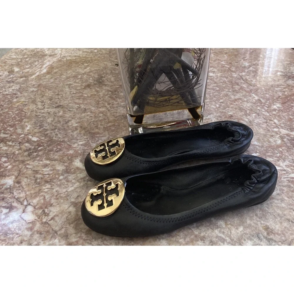Tory Burch Minnie Travel‎ Black Leather Ballet Flat Size 6.5 M EUC, $228